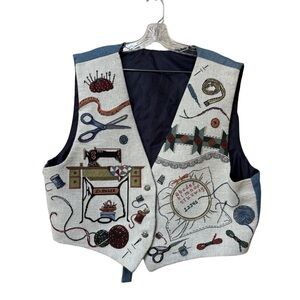 Vintage Sewing Tapestry Vest XL Quilter Singer Embroidered 80s 90s